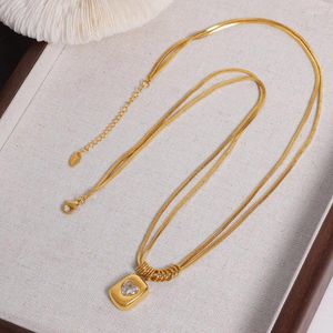 Pendant Necklaces Minar Hip Hop Rock Double Layers CZ Zircon Heart Coin for Women Stainless Steel PVD Plated Herringbone Choker