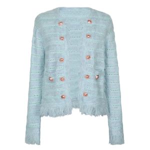 Vinatge 2024 Pink/White/Blue/Beige Tassel Kvinnor Knappar Långa ärmar Silm Kvinnors Cardigans Designer High End Women's Sweaters 3155