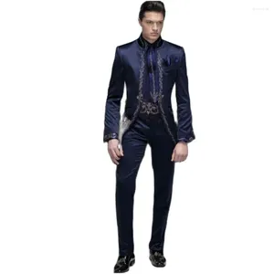 Abiti da uomo Ricamo in Raso Uomo Slim Fit Sposo Prom Smoking 2 Pezzi Costume Giacca Maschile Uomo di Lusso Terno Masculino Completo vestito