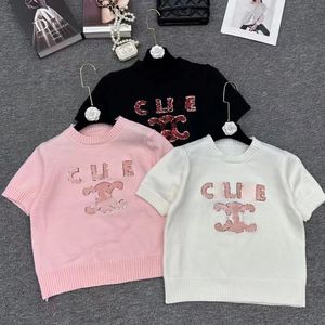 デザイナーの女性用Tシャツスパンコール刺繍レターロゴファッショナブルでエレガントな夏の女性のスリムショートラウンドネックニットウェアトップセーター