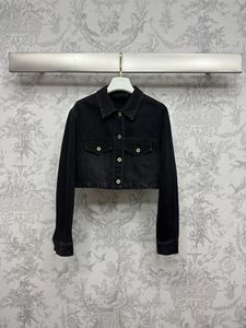 2024 Spring Black Denim Double Pockets Jacket Lång ärm Lapel Neck Single-Breasted Jackets Coat Short Outwear WS4M15