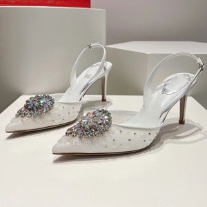 heta försäljning kvinnor sexig högklackade sandaler runway designer hög kvalitet äkta med strass dekor slingback kvinnlig klänning bröllop hög häl skor