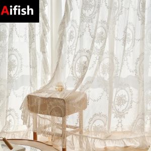 Vorhänge aus weißer Spitze, durchsichtiger Tüll-Vorhang, französische Vintage-Voile-Blumenstickerei, lichtfilternde Fenstervorhänge für Wohnzimmer, Schlafzimmer