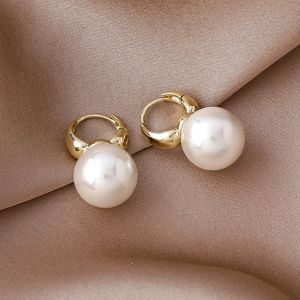 2024 New Cute Pearl Studs Hoop 14k Yellow Gold Earrings for Women Golds Color Eardrop Minimalist Tiny Huggies Hoops Wedding Fashion Jewelry