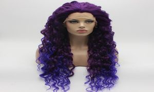 Iwona Hair lockige lange lila Wurzel hellviolette Ombre-Perücke 1837003700L halb handgebundene hitzebeständige synthetische Lace-Front-Perücke2099115