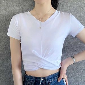 2023 Nya koreanska Slim Fit Folded Open Navel Top Womens V-ringning Kort ärm T-shirt Kvinnors Summer Womens T-shirt 080