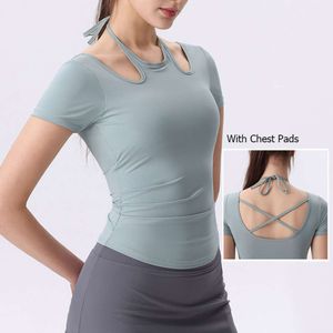 Lu Align Lemon Yoga-Ärmel-T-Shirt, kurz, Sommer, Damen, einfarbig, schmale Passform, Laufoberteil, atmungsaktiv, schnell trocknend, Fitnessstudio-Weste mit Brustpolstern, Sport