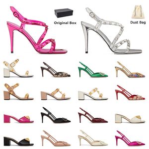 Luxury With Box Sandals Famous Designer Womens Stud High Heels Leather Woman Rivet Dress Shoes Black Silver Gold Pink Pointed Peep-toes Lady Sexy Sandale Size 35-42