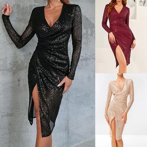 Sukienki swobodne elegancka brokatowa cekinowa sukienka seksowna wysoka split v szyja wieczorowa suknia glamo