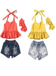 RetailWhole Girls Halter Tophole Short JeanSheaddress 3st Set Tracksuit Clothing Set Girl Outfits Children Designers Clot2191478