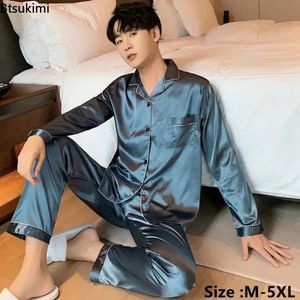 Mens Casual Pajamas Sets Oversized Silk Mens Pajama Pants Sets Satin Long Sleeve Sleepwear Home Pijama Night Wear Loungewear 240304