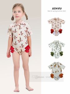 Ins Girls Rabbit Giraffe Duck Printed Swimsuit Kids Round Collar Kort ärm för skarv Splicing Falbala Beach Pool Pool Bathing Suits Child Spa Swimming Z7185