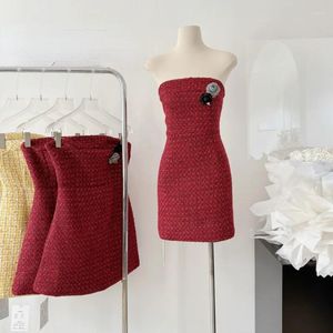Casual Dresses Women Red Tube Top Small Fragrance Dress Fashion Simple Korean Chic Party Spring Summer Sleeveless Tweed Mini Female