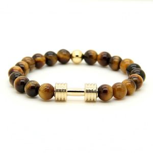 1st. Real Gold Plated Metal Armband New Barbell 8mm Gray Picture Jasper A Grad Tiger Stone Beads Fitness Fashion Dumbell215e