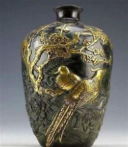 Whole Cheap Z Chinese Collection Bronze Statues Goldplating Flower Bird Vase pot 20cm214n2703479