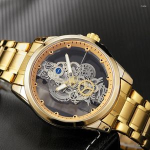 Relógios de pulso marca quartzo oco relógio masculino impermeável aço luminoso transparente personalidade pulseira de couro