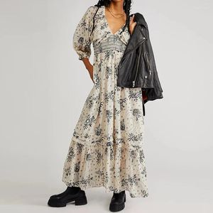 Abiti casual Imcute Boho Flowy Maxi abito da donna a sbuffo manica lunga collo quadrato ricamato altalena a strati