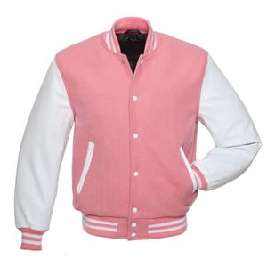 Wysokiej jakości korpus wełny damskiej z białymi skórzanymi rękawami Letterman Baseball Pink Varsity Jacket 33