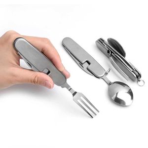 Coltelli da caccia Coltello svizzero pieghevole da campeggio in acciaio inossidabile Multiutensile da esterno Tasca portatile forchetta-coltello-cucchiaio Taglierina Gadget Utensili manuali EDC 240315