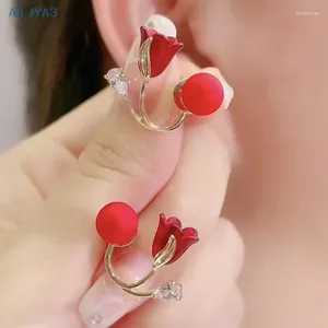 Stud Earrings Red Flower Tulip Earings Jewelry Imitation Pearl Elegant Sweet Lovely For Korean Women Gifts Wedding