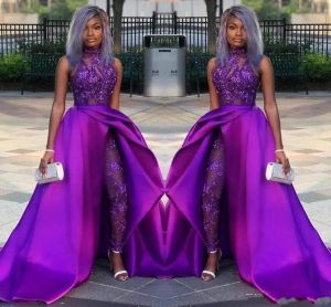 Purple Jumpsuits Prom Dresses With Detachable Train High Neck Lace Appliqued Bead Evening Gowns Luxury African Party Gowns Plus Size