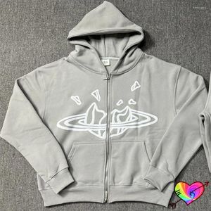 Men's Hoodies 2024ss Grey Broken Planet Zip Up Hoodie Men Women Puff Print Graphic Fleece Pullovers Oversize Sweatshirts