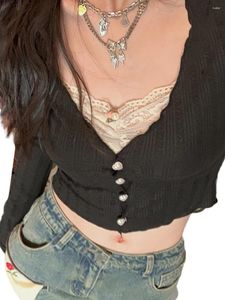 Женские футболки, женская винтажная кружевная лоскутная футболка с длинным рукавом, укороченный топ с вырезом в форме сердца, облегающая блузка Y2k на выход