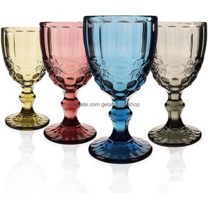 Wine Glasses Vintage Glass Goblets Embossed Stemmed Assorted Colored Drinking For Water Juice Beverage 064522 Drop Delivery Home Gar Dhyfi