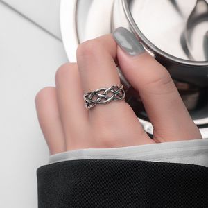 Retro Thai Silver Fish Net Opening S925 Sterling Silver Rings for Women Unique Weaving Cross Fingers Adjustable Ring Jewelry Dropshipping YMR096