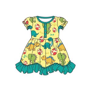 Платья для девочек Новое платье для девочек с пышной юбкой до колена с короткими рукавами и кружевным узором, милый узор динозавра, молочная шелковая ткань 240315