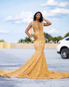 Guld Sparkly Long Mermaid Prom Formal Dresses for Black Girl Luxury Diamond Tassel Vevlet Evening Gown Vestido de Invitada