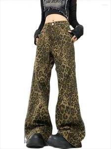 Kadınlar Kot Leopard Baskı Kadınlar 2024 Yüksek Belden Geniş Bacak Street Giyim Vintage Kargo Denim Pantolon Moda Günlük Baggy Y2K