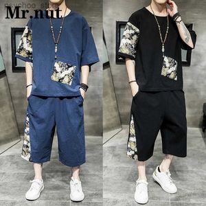 Herrbanor Mr. Nut Summer Casual Chinese Mens T-shirt capris Två stycke Set Womens Fashion Street Clothing Beach Vacation Clothing Q240314