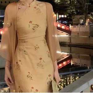 Ethnic Clothing Spring Summer Print Flower Mandarin Collar Cheongsam Chinses Style Retro Women Qipao Sexy Slim Split Chinese Dress Vestidos