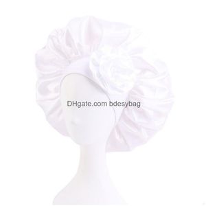 Beanie / Skull Caps Grande Cetim Banda Larga Cor Sólida Chapéu de Noite com Flor para Mulheres Menina Elastic Sleep Caps Headwear Home Hair Care Fa Dhf0O