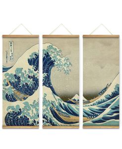 3 pçs estilo japonês a grande onda fora kanagawa decoração quadros de arte parede pendurado lona pinturas de rolagem de madeira para sala de estar7599571