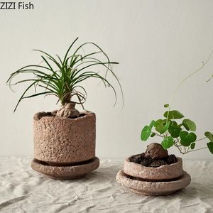 Handmade Ceramic Flower Pot with Base Tray Green Plant Pots Flower Vase Garden Pots Planters Desktop Flowerpot Garden Supplies 240311