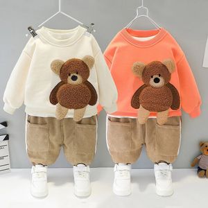 Baby clothes spring and autumn childrens cartoon bearlongsleeved set boysandgirls hoodies long twopiece simplesportswear 240320