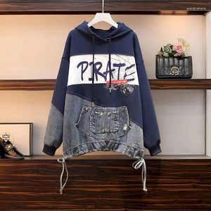 Kadın Hoodies Büyük Boyü Kadın Moda Tasarımı Hoodie Denim Patchwork Kapüşonlu Katlar Bahar Sonbahar Trendi Kore Kazak Palto Y2K Giysileri