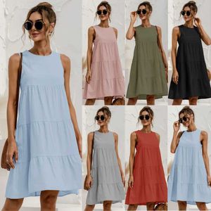 Grundläggande avslappnade klänningar 2024 Summer Women Vest Dress Cotton O-Neck Slest Solid Midi Dress Stitching stora svängklänningar Löst sundress Vestidosc24315