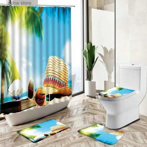 Cortinas de chuveiro oceano praia cenário cortina de chuveiro férias de verão conjunto de banheiro estrela do mar concha palmeira tapete antiderrapante tapete de banheiro y240316