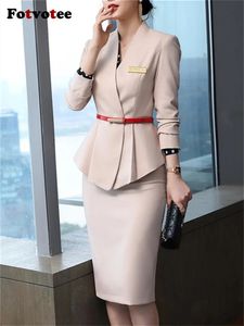 Fotvotee Elegant Office Ladies Skirt Suits for Women Korean Fashion Long Sleeve V Neck Blazer Pencil 2 Piece Set 240309