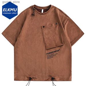 メンズTシャツヴィンテージスエードTシャツメンズビッグポケットハラジュクストリートウェアヒップホップ特大TシャツショートスリーブティーシャツファッションカーゴトップQ240316