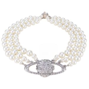 Designer Brand Classic Saturn Women Heavy Duty Multi Layer Pearl Diamond Necklace Choker Lady Party Jewelry