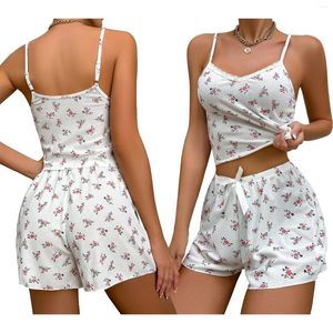 Fatos femininos mulheres pijamas conjunto 2 peças loungewear ternos floral impressão rendas guarnição camisolas regatas e shorts sleepwear outfits