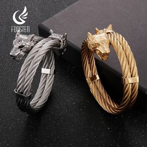 Fongten Punk Wolf Open Bracelets For Men Rotre Stainless Steel Twist Cable Animal Head Wristband Men Bangles Hip Hop Jewelry 240312