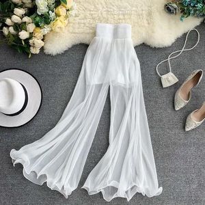 Calças femininas mulheres verão perna larga babados fishtail queimado estiramento cintura plissado oversize moda estilo ocidental calças sq99