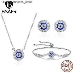 Bröllopsmycken uppsättningar bisaer 925 Sterling Silver Blue Evil Eye Jewelry Set Devil Eye Necklace Eearings Platinum Platerat för lyckliga kvinnor Q240316