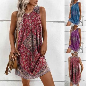 Basic Casual Dresses Vintage Women Sleless Geometry Printed Ethnic Style Dress Summer Tank Beach Loose Mini Dress Casual Fashion Clothing VestidosC24315