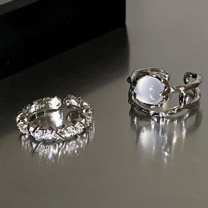 Heart Open Rings for Women Korea Geometric Crystal Moonstone Gothic Finger 14K White Gold Ring Y2K Accessories Trendy Aesthetic Jewelry Gift